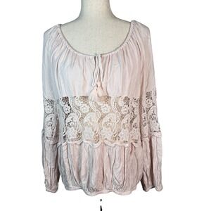 Free People‎ Peasant Blouse Womens Small Pink Lace Crochet Boho Cottagecore Top